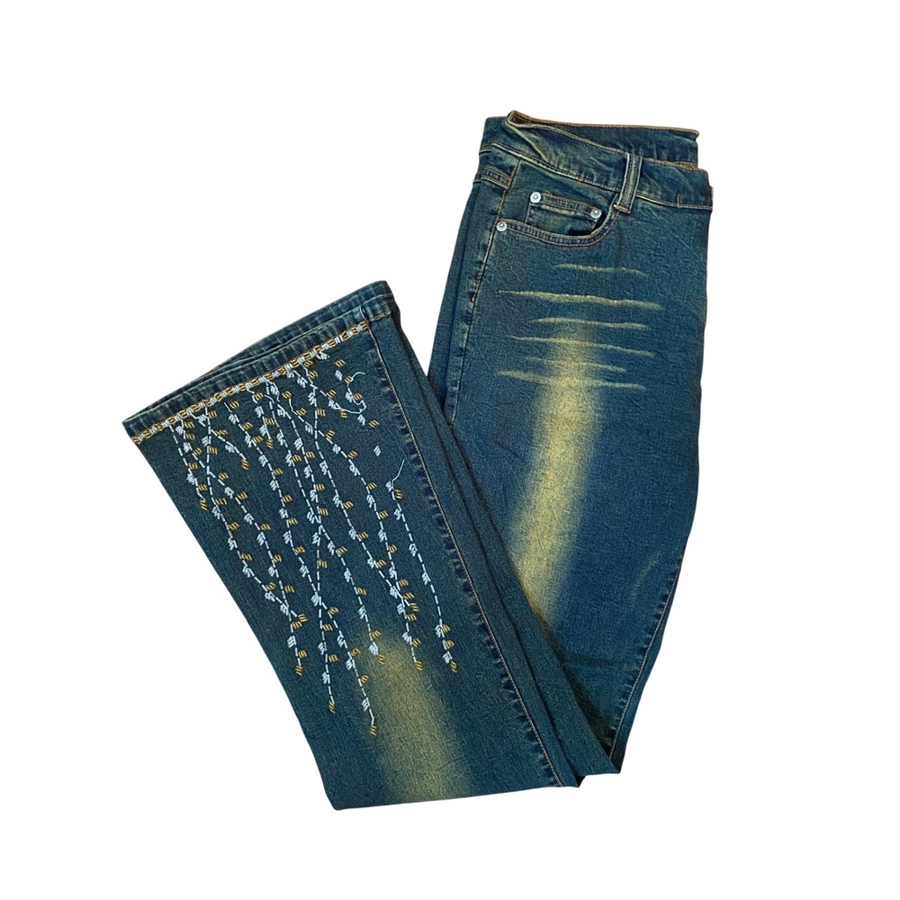 Y2K joy jeans Beaded Flare Jeans Dark Wash Whiskered Denim‎ Boho 14